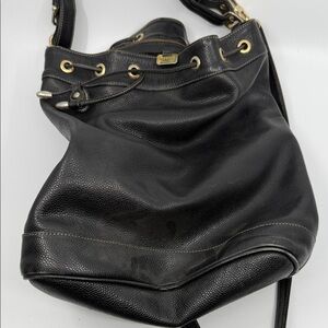 RECO’s Black Pebbled Leather Drawstring Shoulder Bag with Gold Hardware